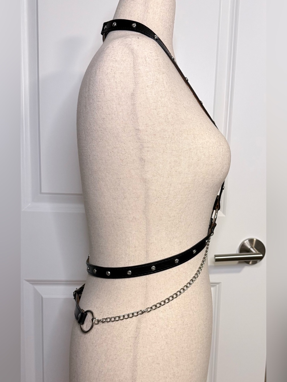 NEW Midnight Hour Black Leather O-Ring Studded Harness with Chain Belt Fits M-XL - Picture 3 of 9